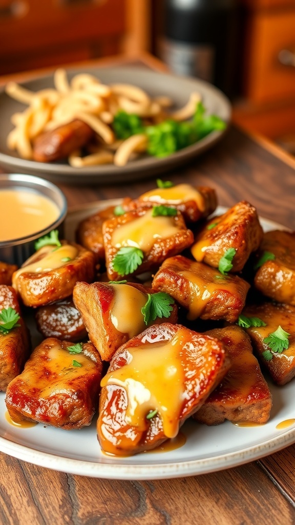 Air Fryer Steak Bites with Garlic Butter Recipe Air fryer steak bites with garlic butter on a plate, garnished with parsley.